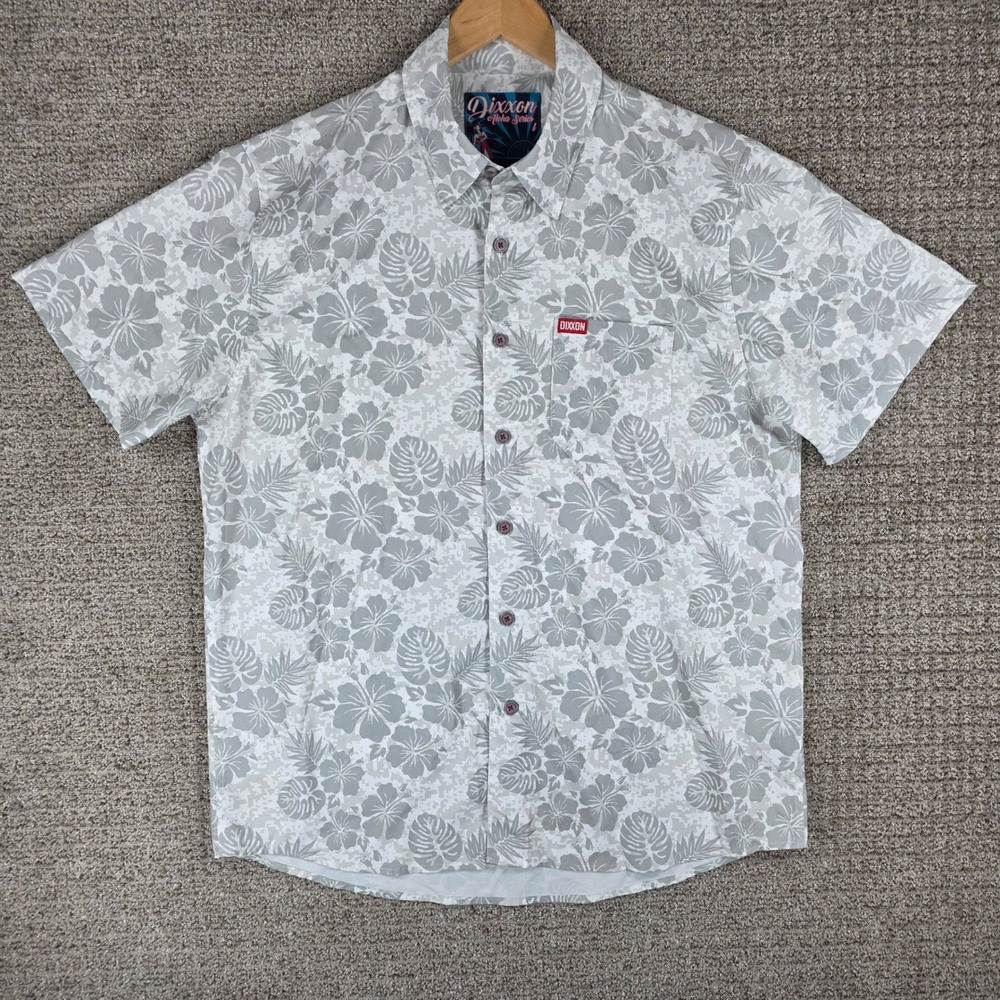 Dixxon Aloha Series Mens Large Gray Floral Digital Camo Short Sleeve Button Up